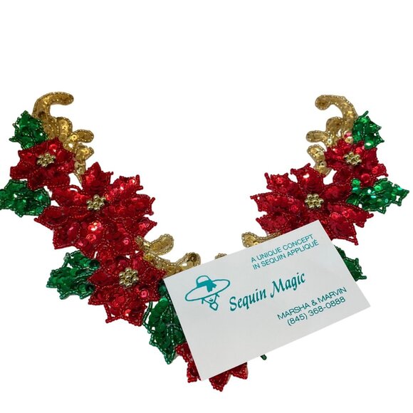 Handmade Sequin Magic Poinsettia Collar and Heart Note, Stars and Leaf Gold Red - Picture 2 of 12
